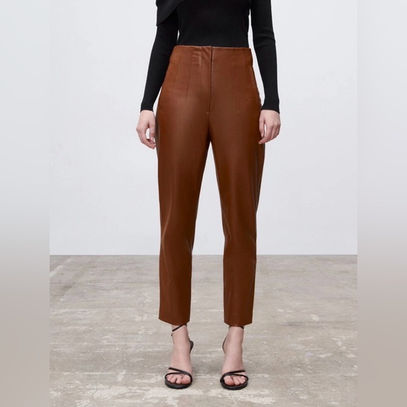 Zara Pants - ZARA Faux Leather Straight Leg Pleated High Waist Pants Brown Women’s Size Small